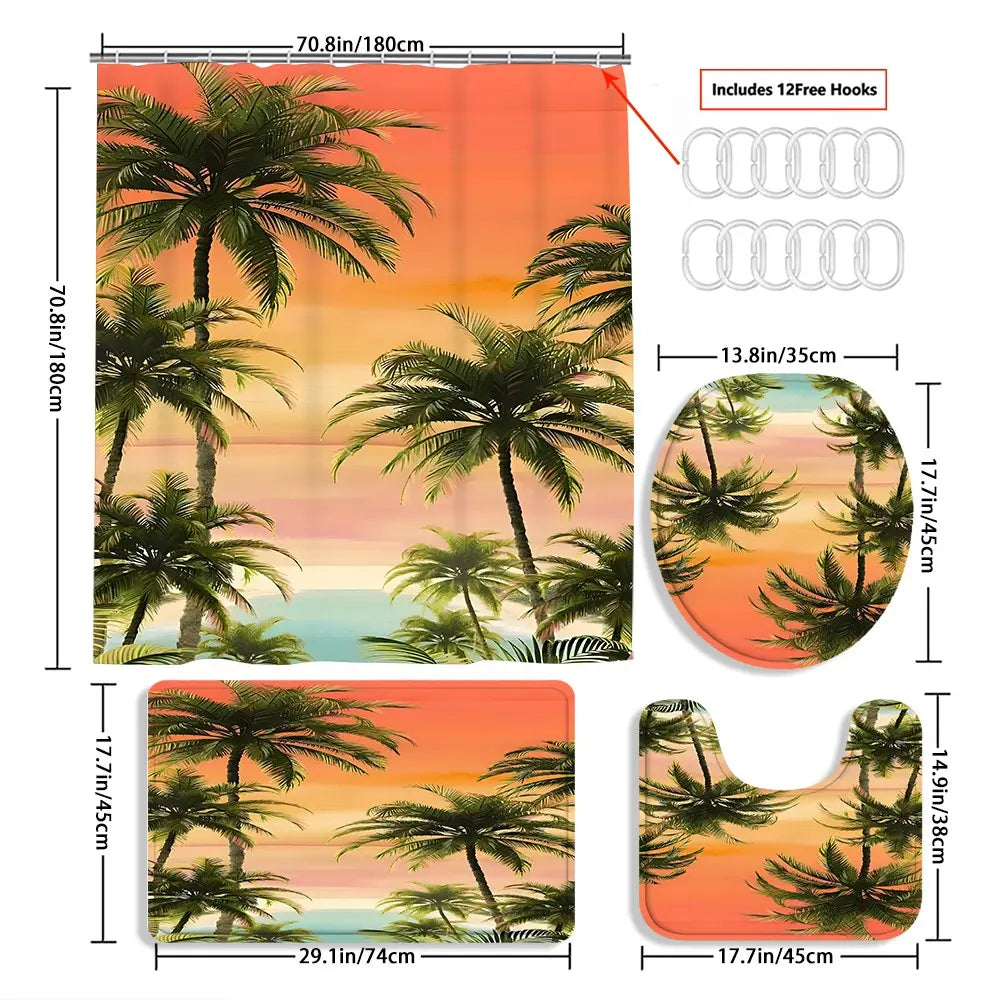 JIT 1/3/4 pcs Shower Curtain Set - Tropical Sunset Sea and Sky Bathroom Decorative Toilet Cover, Bath Mat, Shower Curtain Strip - 12 hooks, suitable for American patriotic and independent home decoration.