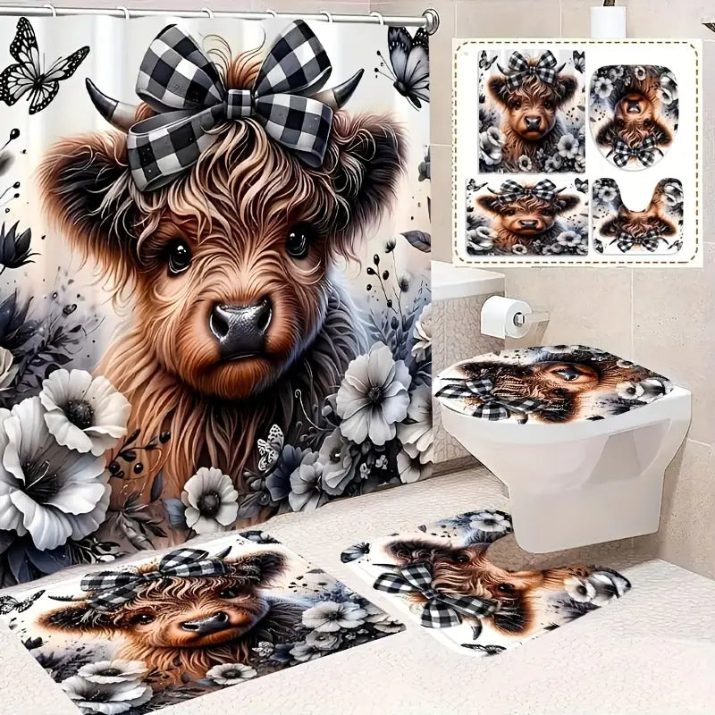 4pcs Exquisite Small Cow Bathroom Set Package - Polyester Non-Slip U-Shaped Toilet Seat Cover, High-Quality Shower Curtain with 12 Durable Hooks, Garden Glam Home Bathroom Decor for All Styles