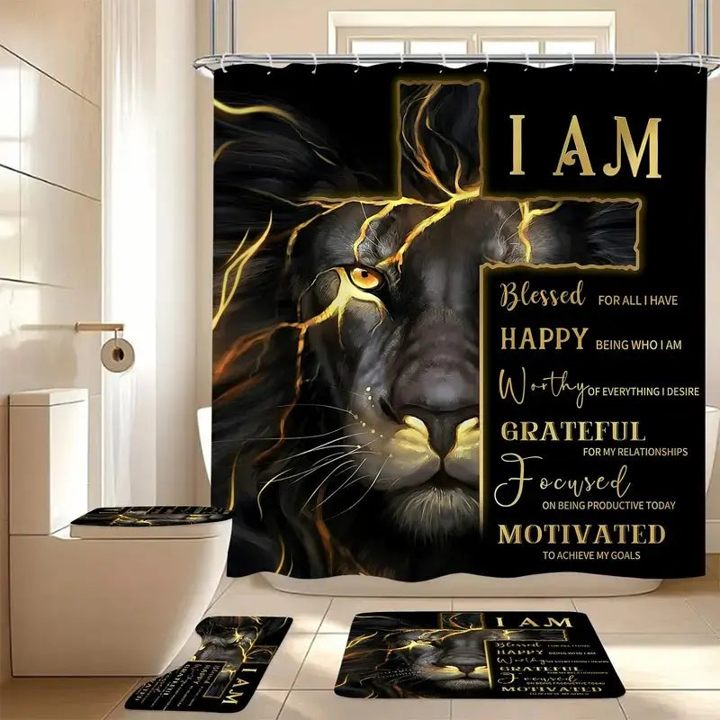 1pc/4pcs cross and lion shower curtain set, non-slip floor mat, U-shaped carpet, toilet lid cover, perfect for bathroom decoration, partition, beautify the space, 12 shower curtain hooks are included