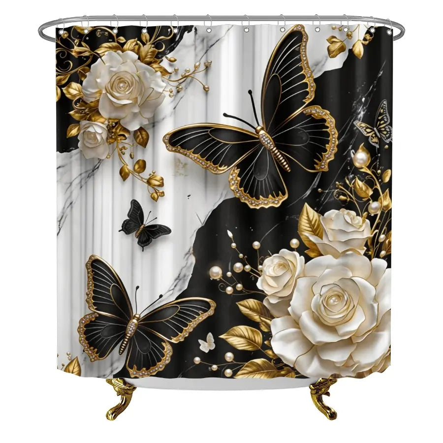 Bathroom Shower Curtain Set, Marble Butterfly Pattern, Luxury Theme Decor, Bath Mat Rug, Includes 12 Hooks, Home Decoration Gift, Restroom Bathroom Accessories