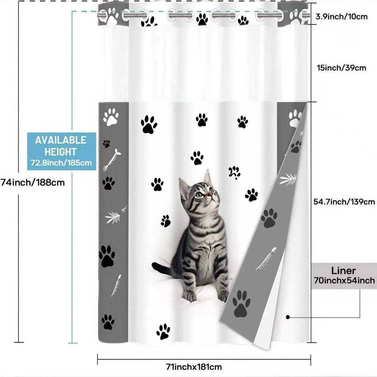 1pc hookless shower curtain with liner, black, white cat paw decorative design 2D printing, fabric waterproof liner, see-through window, double-layer, 71 x 74 inches, modern home decoration, Shower Curtain No Hooks With Liner