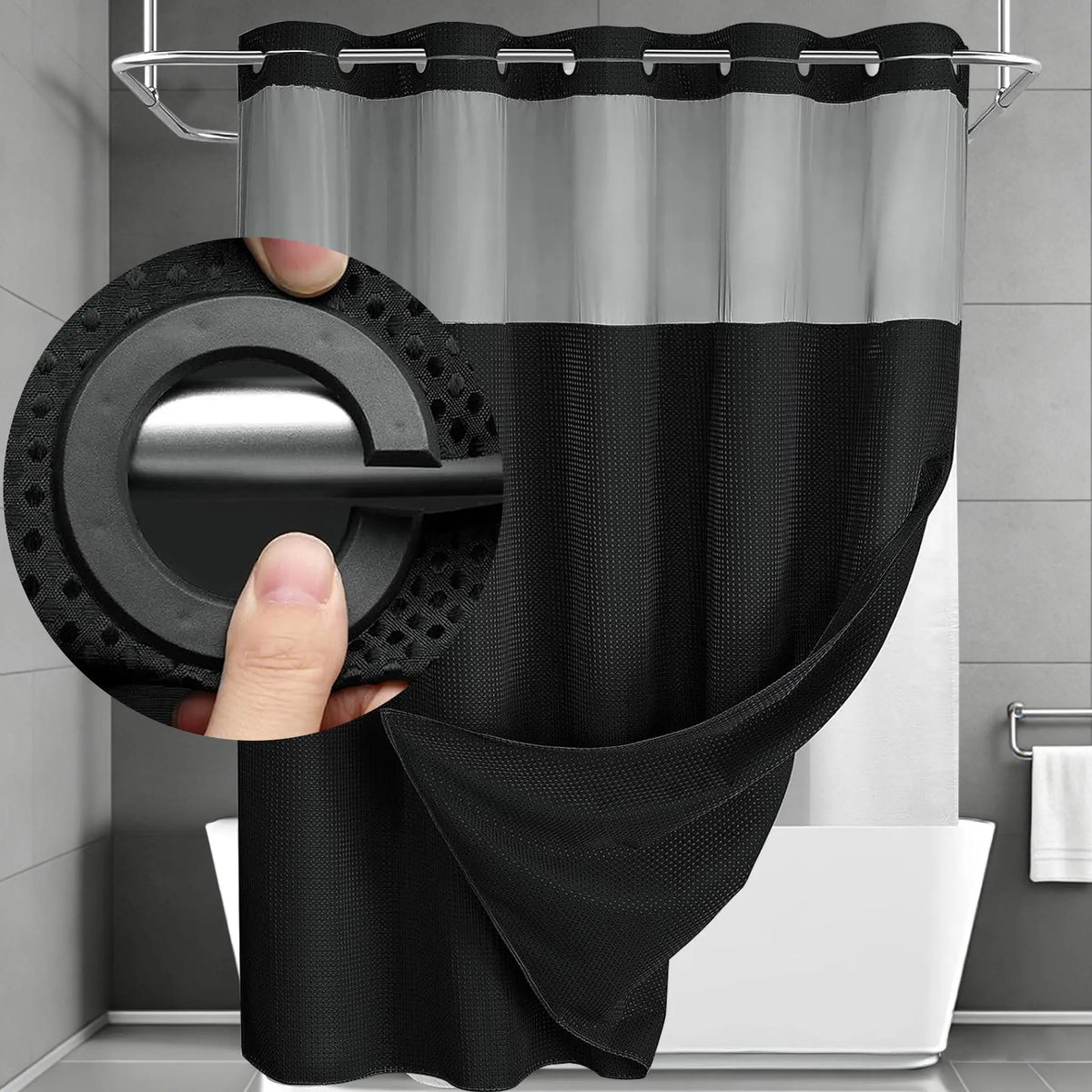 No Hook Waffle Weave Waterproof Shower Curtains for Bathroom, Double-Layer Shower Curtain with Removable Snap-In Liner, Airy Bright Transparent Mesh Top Window, Luxury Bathroom Decor, Modern Washable Home Supply, 72x75in
