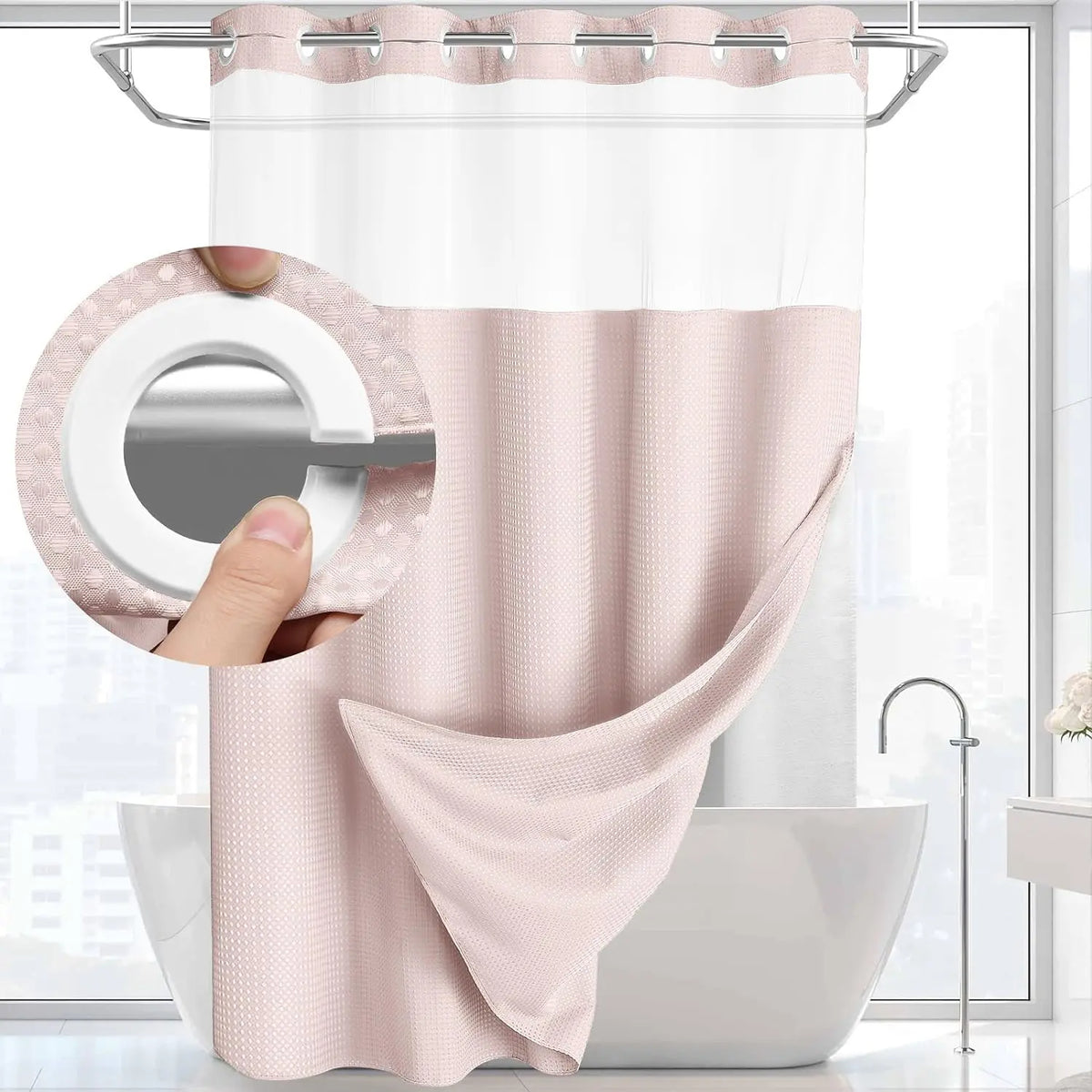 No Hook Washable Waffle Weave Shower Curtain with Snap in Liner -Waterproof Double Layer Shower Curtain With WashableInner Liner,  72 x75 Inch Showercurtain
