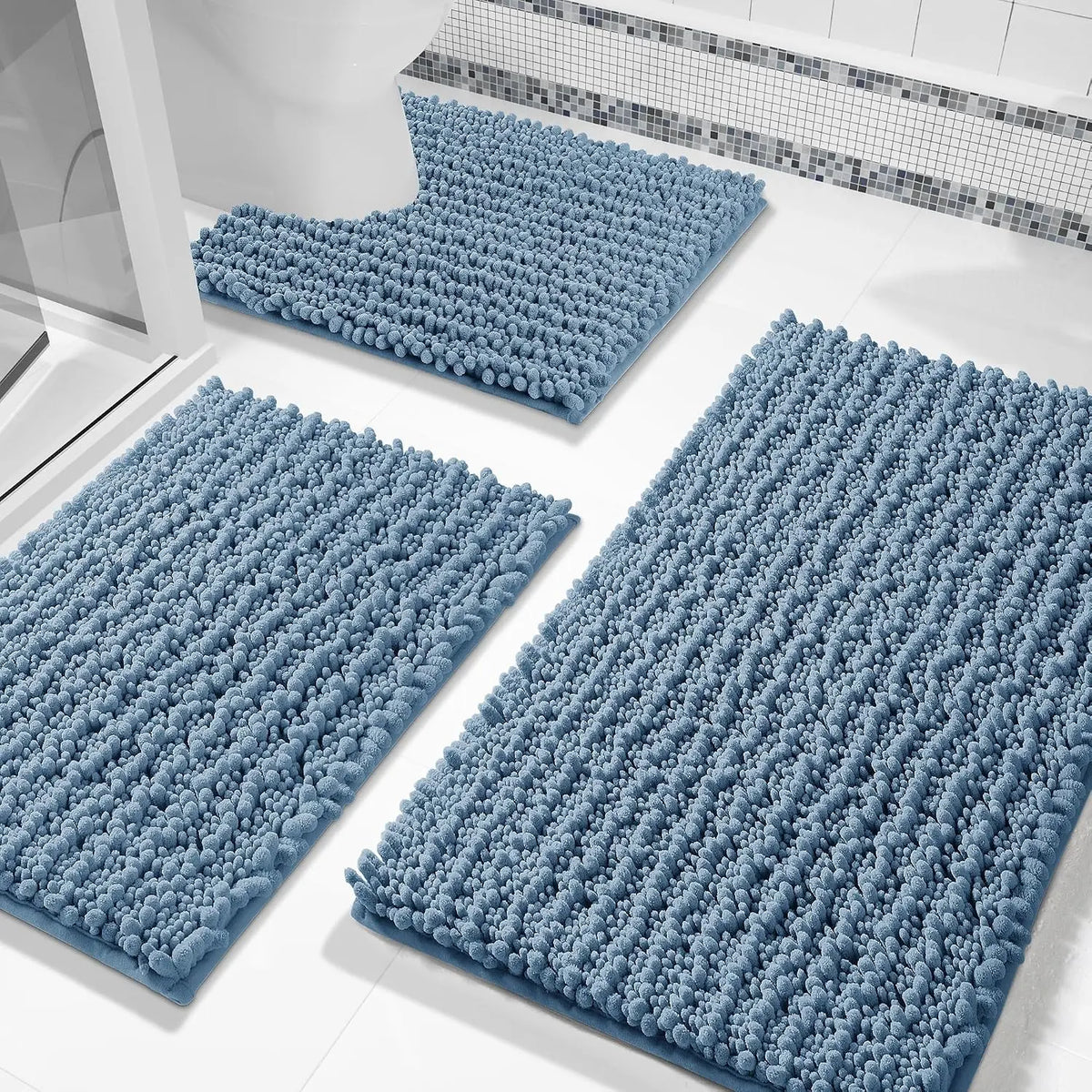 Pet Plush Chenille 3-Piece Rectangle Bathroom Floor Mat Set - 24.4"x20.4", 31.5"x19.8", 44.1"x24" Mats, Fluffy, Super Absorbent, Quick Dry, Non Slip Hot-Melt Adhesive Backing, Easy to Clean, Extra Thick Shaggy, for Toilet, Indoors, Grey (Pet Supplies)