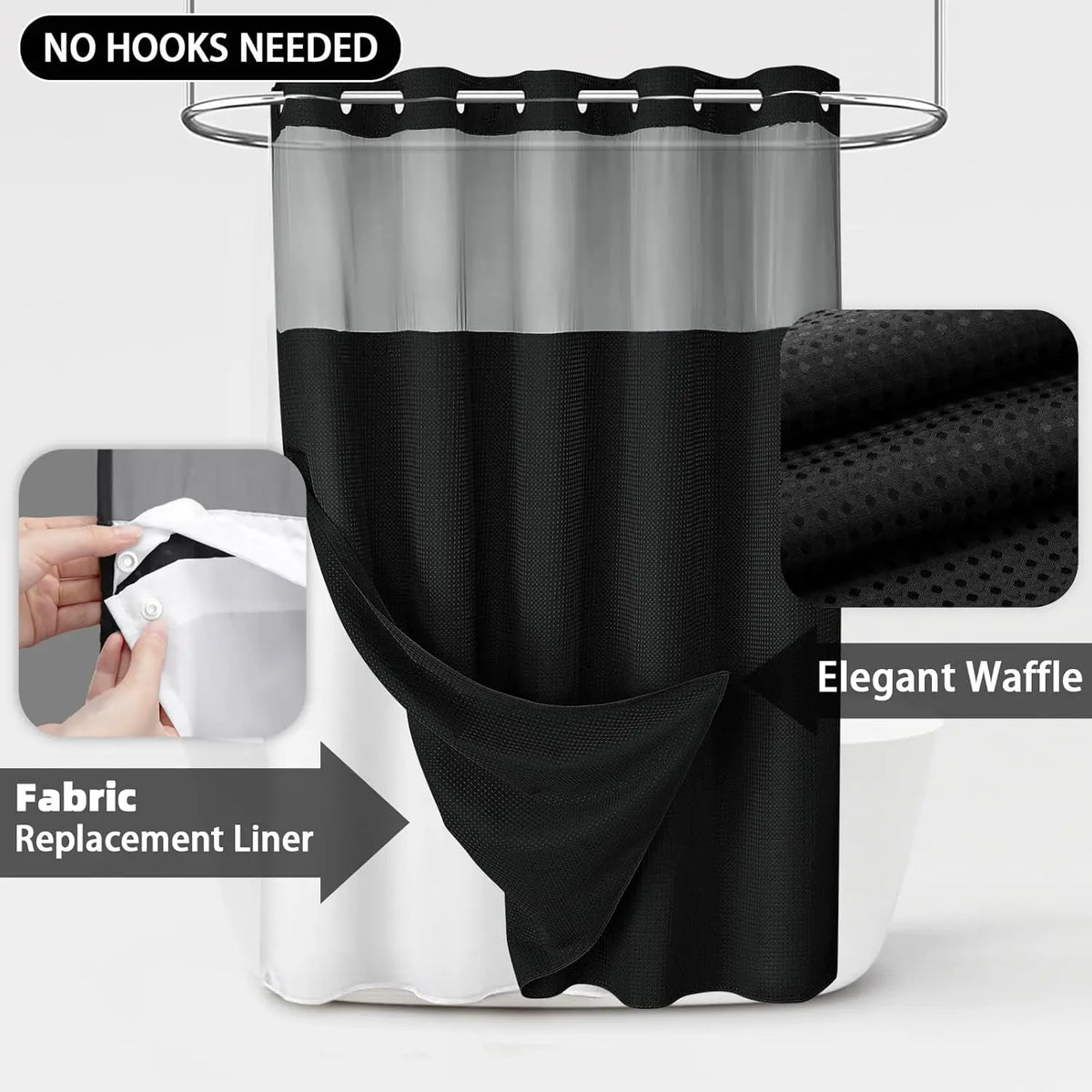 No Hook Waffle Weave Waterproof Shower Curtains for Bathroom, Double-Layer Shower Curtain with Removable Snap-In Liner, Airy Bright Transparent Mesh Top Window, Luxury Bathroom Decor, Modern Washable Home Supply, 72x75in