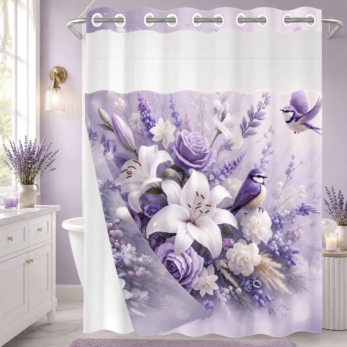 Blue Lily Rose Bird No Hook Shower Curtain Floral with Snap-In Liner, Double Layer Waterproof, Sheer Mesh Top, Removable White Liner, Machine Washable, Farmhouse Garden Decor, Hotel, Dorm & Home Bathroom Accessory, 72 x 74 Inches