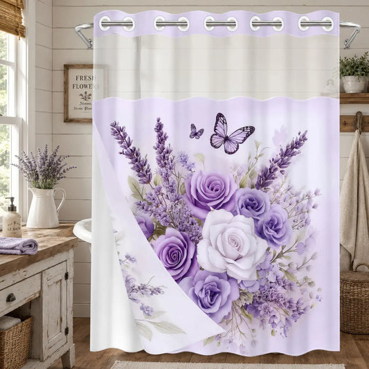 1 PC No Hook Double Layer Pretty Shower Curtain, Floral Shower Curtains For Bathroom, Lavender Rose & Butterfly Print Bath Curtain, Removable Snap-in Liner & Top See-Through Window, Waterproof Mildew Resistant, Machine Washable Durable Fabric
