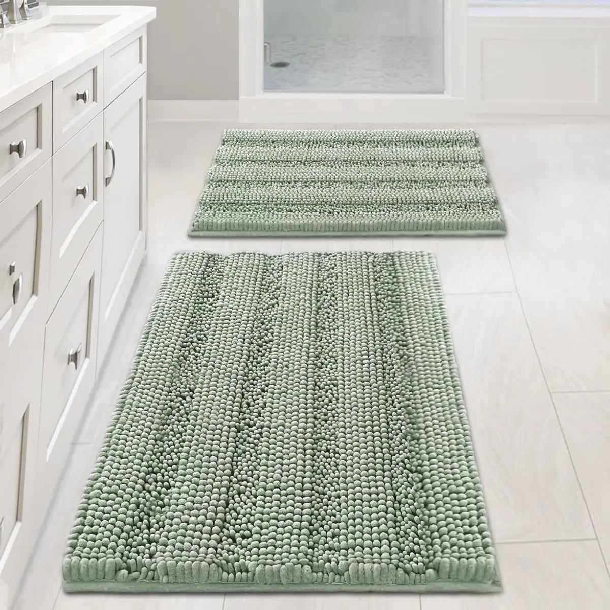 H.VERSAILTEX Sage Modern Shaggy Rectangle Bathroom Rug Set of 2 - Extra Thick Chenille Stripes, Soft, Water Absorbent, Non Skid, Washable, Tumble Dry Safe (32x20in + 24x17in) | Bath Mat for Tub Non Slip, Modern Home Decor, Wetfloor Grip