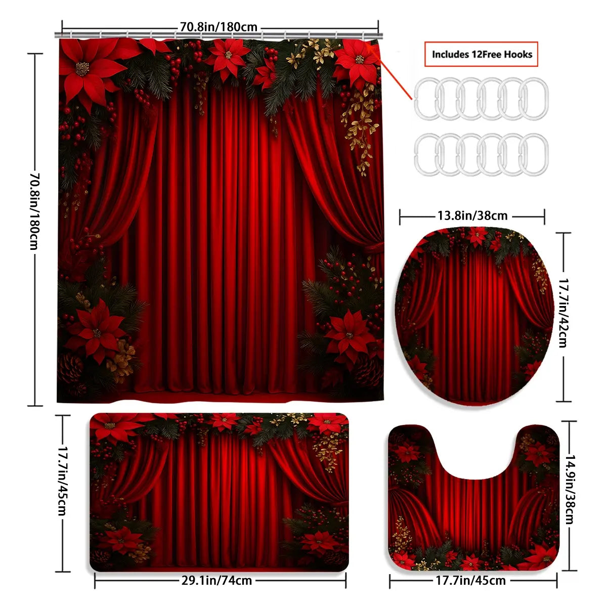 72x72 Inch Waterproof Christmas Bathroom Printed Shower Curtain Set, Durable Polyester Fiber, Easy Install Hooks Included, Perfect Holiday Gift, Bathroom Curtains Shower Set