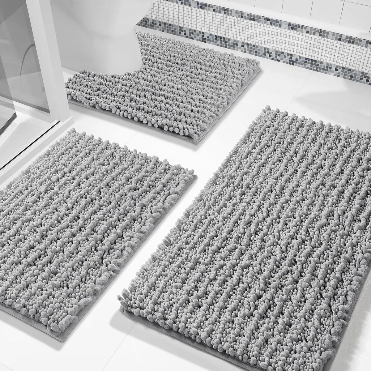 Pet Plush Chenille 3-Piece Rectangle Bathroom Floor Mat Set - 24.4"x20.4", 31.5"x19.8", 44.1"x24" Mats, Fluffy, Super Absorbent, Quick Dry, Non Slip Hot-Melt Adhesive Backing, Easy to Clean, Extra Thick Shaggy, for Toilet, Indoors, Grey (Pet Supplies)