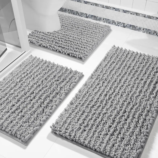 Pet Plush Chenille 3-Piece Rectangle Bathroom Floor Mat Set - 24.4"x20.4", 31.5"x19.8", 44.1"x24" Mats, Fluffy, Super Absorbent, Quick Dry, Non Slip Hot-Melt Adhesive Backing, Easy to Clean, Extra Thick Shaggy, for Toilet, Indoors, Grey (Pet Supplies)