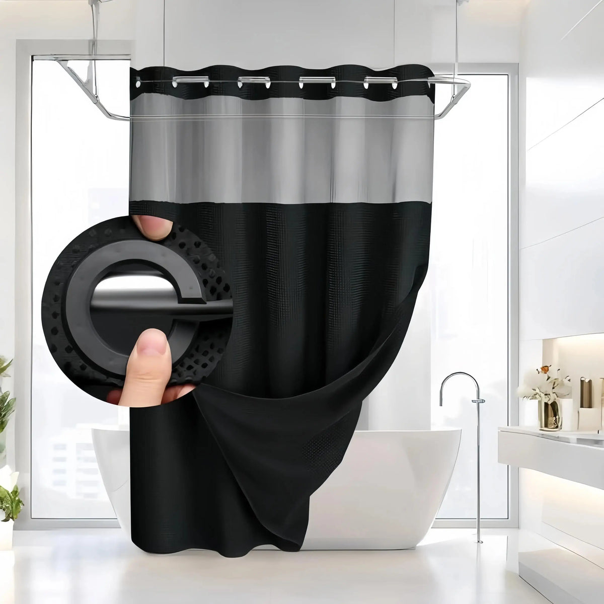 Brown No Hook Shower Curtain with Snap in Liner grey Waffle Pattern Shower Curtain Double Layer Shower Curtain -Fabric Waterproof Inner Liner,Bathroom Accessory for Home, Hotel, Salon & Dormitory Decor