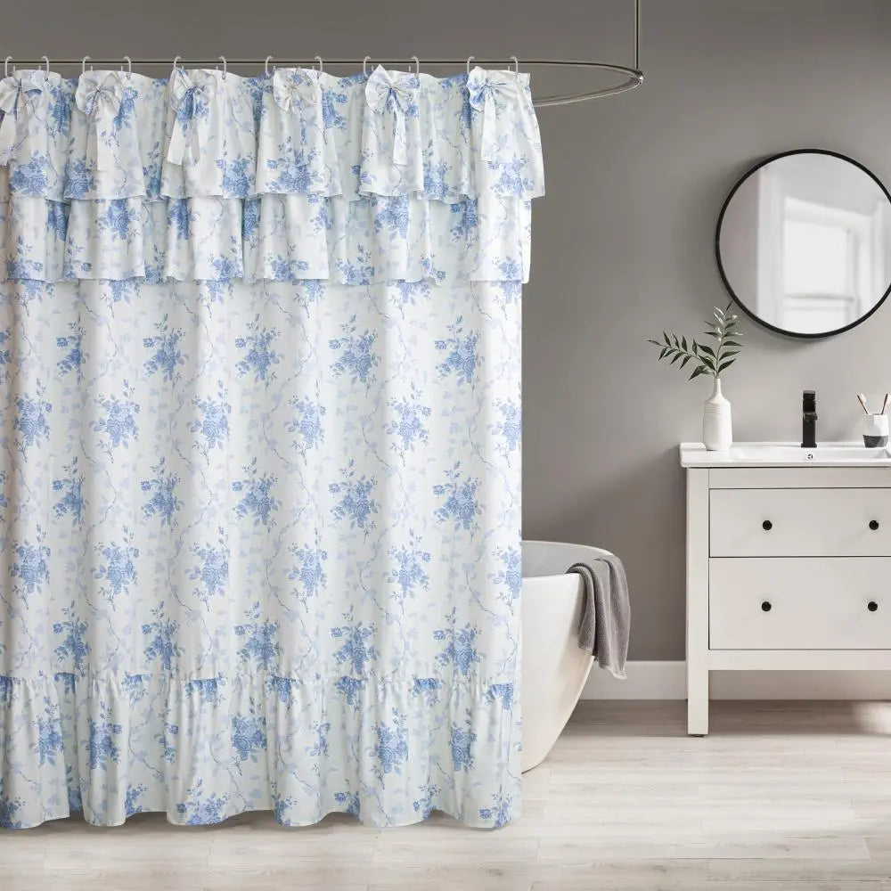 Yrztrk Retro Flower Polyester Shower Curtain with Ruffle, Handcrafted Big Bow Tie, 12 Hooks - Waterproof, Quick-Drying, Machine-Washable Decorative House Decor for Master Bathroom,sohochic
