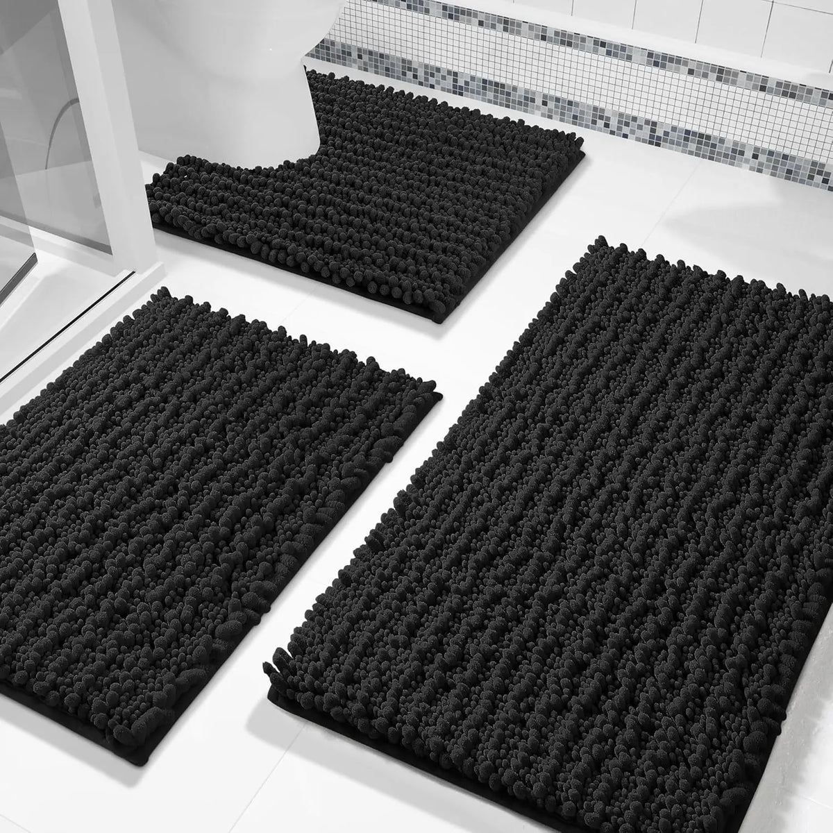 Pet Plush Chenille 3-Piece Rectangle Bathroom Floor Mat Set - 24.4"x20.4", 31.5"x19.8", 44.1"x24" Mats, Fluffy, Super Absorbent, Quick Dry, Non Slip Hot-Melt Adhesive Backing, Easy to Clean, Extra Thick Shaggy, for Toilet, Indoors, Grey (Pet Supplies)