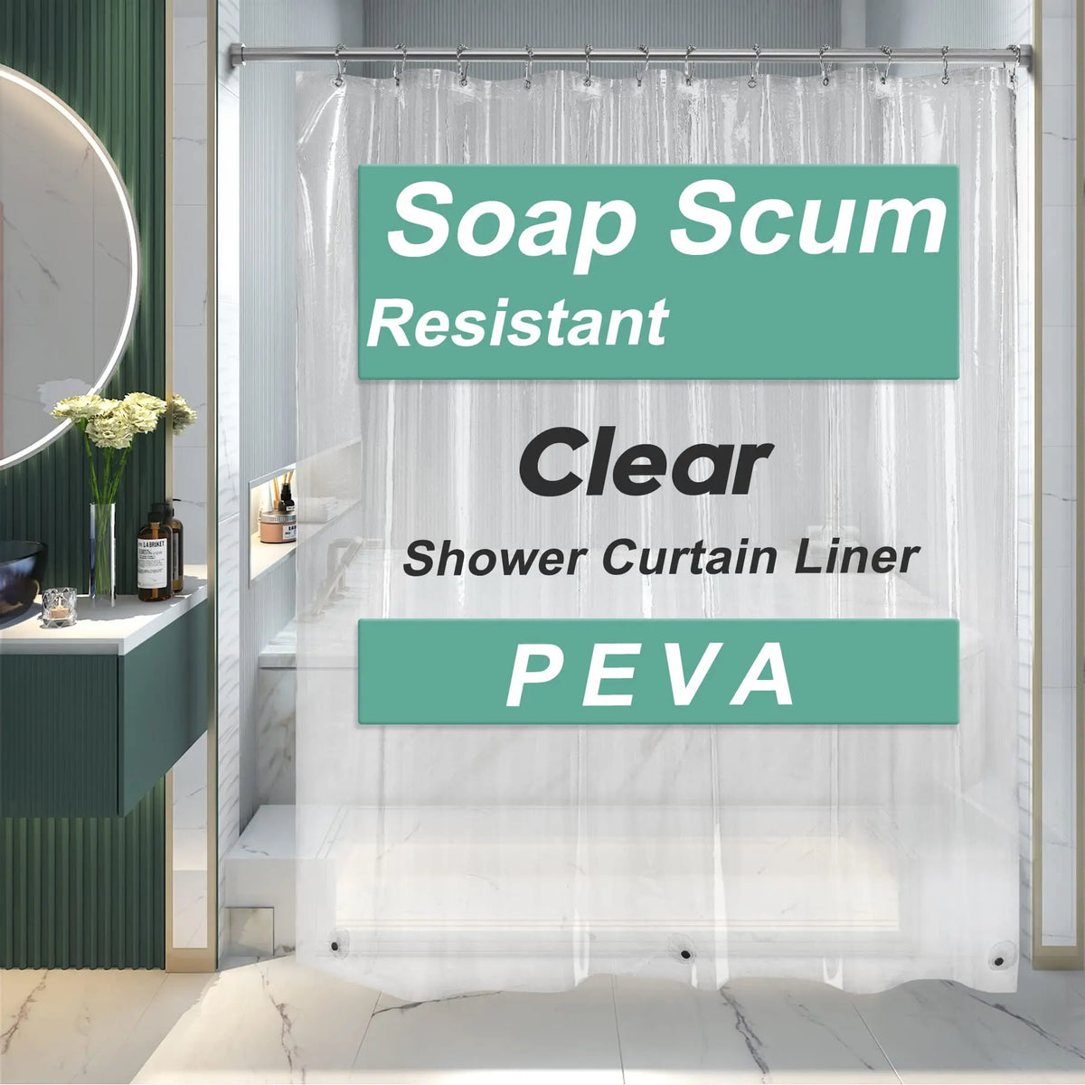 AmazerBath 3G PEVA Shower Curtain Liner - Lightweight Waterproof Plastic Bathtub Liner with Weighted Magnets, Decorative Metal Installation-Friendly Bathroom Accessory for Campers & Hotels, Fits Straight Rod, Enhances Waterproofing to Keep Floor Dry