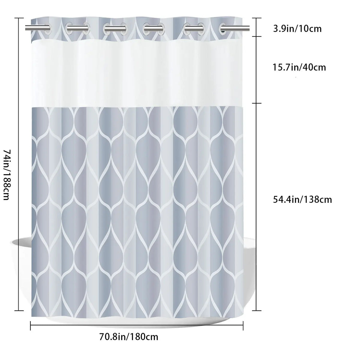 LVRLVR 1pc Grey Blue Geometric Printed Shower Curtain, Modern Ogee Print, Sheer Top Window, Detachable Liner & No Hook C-Ring, 70.8" x 74"