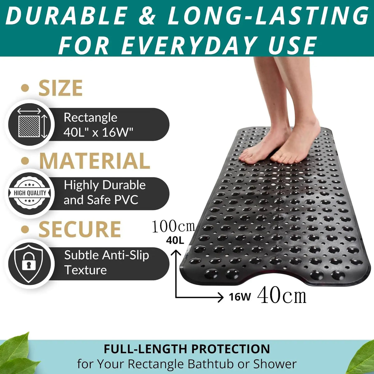 Large PVC Non-Slip Bath Mat 40x16 Inch (100x40 Cm), Multiple Colors Available, Ideal for Bathroom Home Car Hotel Use, Non Slip Mats