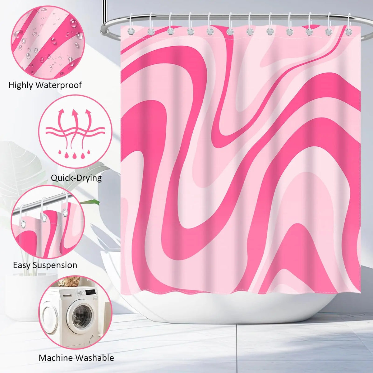 Girly Pink 4-Piece Thick Flannel Waterproof Bathroom Set - Anti-Slip Rugs, U-Shaped Bath Mat, Toilet Lid Cover, Resistant Material, Multi-Room Home Bathroom Supplies, Sohochic, Four-Pieces
