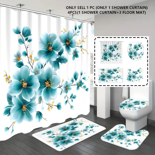 Popular Choice 1pc/4pcs, bathroom set, shower curtain set, shower curtains, Floral Shower Curtains For Bathroom, bathroom rug, home decor, bathroom mat, floral pattern, minimalist theme decoration, Waterproof Shower Curtain, with 12 hooks