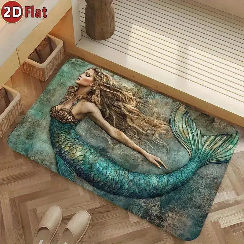 1pc Teal Green Rectangular Tropical Mermaid Print Diatomaceous Earth Bath Mat - Non-Slip, Quick-Dry, Absorbent, Ocean Themed Bathroom Decor, Ideal Gift for Mermaid Lovers