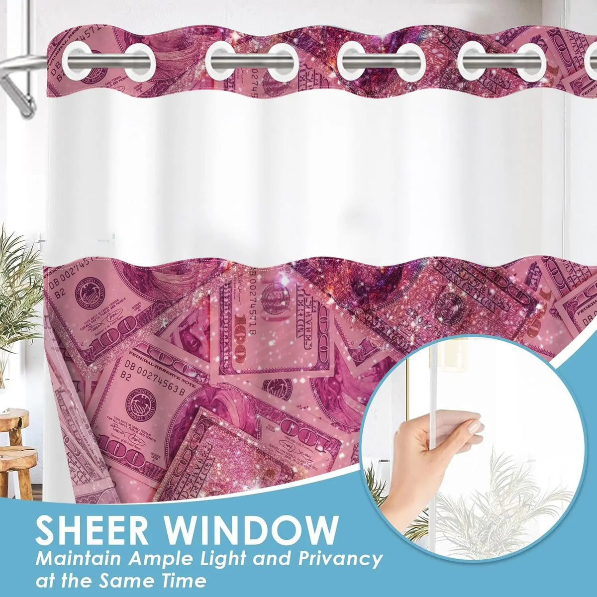 1PC 2D Flat No Hooks Double Layer Shower Curtain, Printed Shower Curtain, Pink Glitter Dollar Full Print Waterproof Fabric, Home Decor, Accessories for Hotel, Home Bathroom, Clear Top Window & Detachable Snap-In Liner, Room Divider, 71×74 Inch
