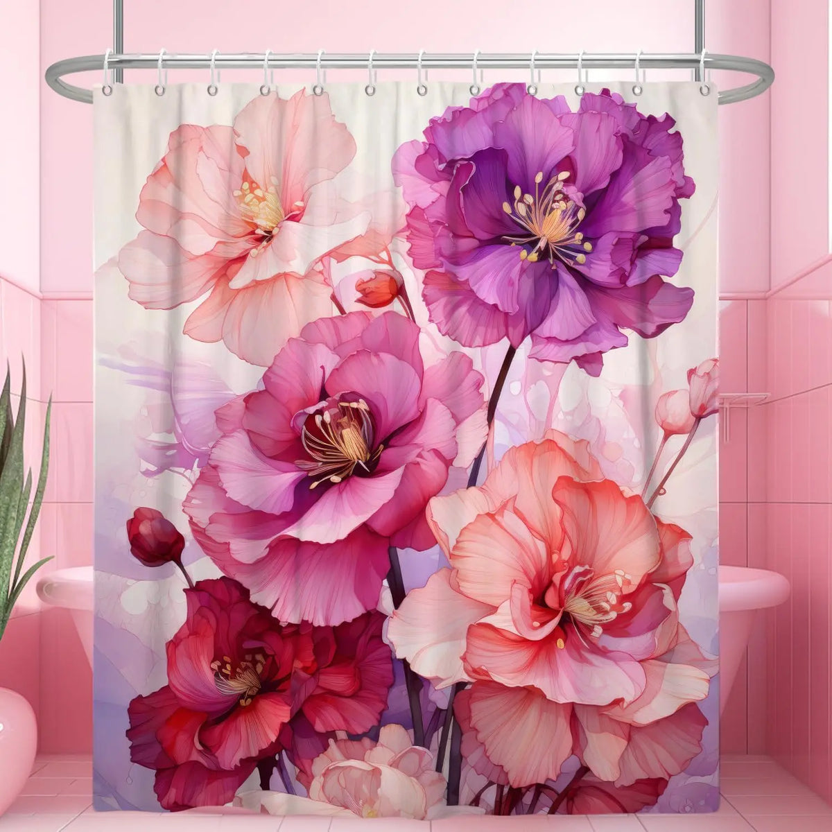 Pink Shower Curtain for Bathroom Rose Pink Floral Shower Curtain Set with Hooks Abstract Purple Pink Flowers Bathtub Decor Waterproof Fabric Curtains 72x72inches