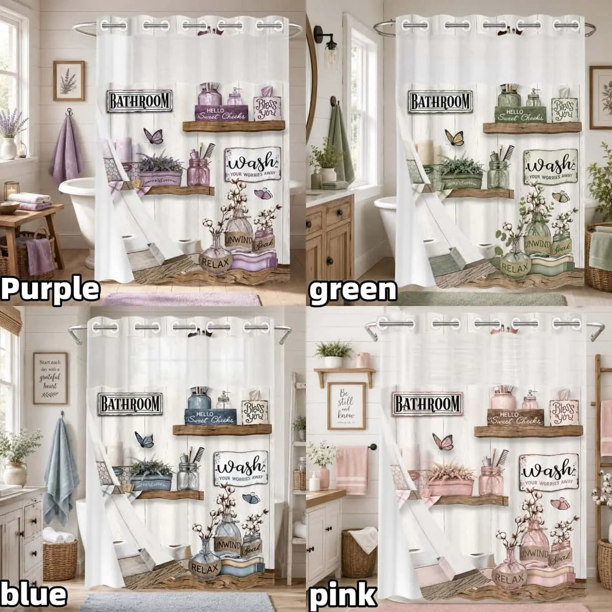 1Pc Double Layer Shower Curtain, Rustic Farmhouse Butterfly Print, Removable Snap-in Liner, Water Repellent Washable Fabric For Apartment Rental Bathtub Shower, 71x74 Inch, Shower Curtain No Hooks With Liner
