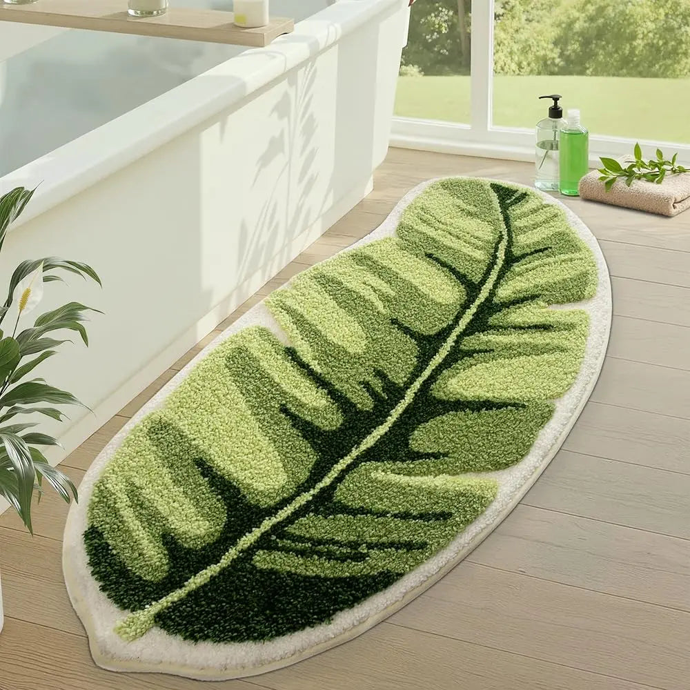 LUMI Green Leaf Canopy Bathroom Mat Non-slip Microfiber Rugs Absorbent Comfortable Tropical Palm Hawaiian Plants Decor Machine Washable Floral Design Fluffy Tufted Bathmat Home Goods