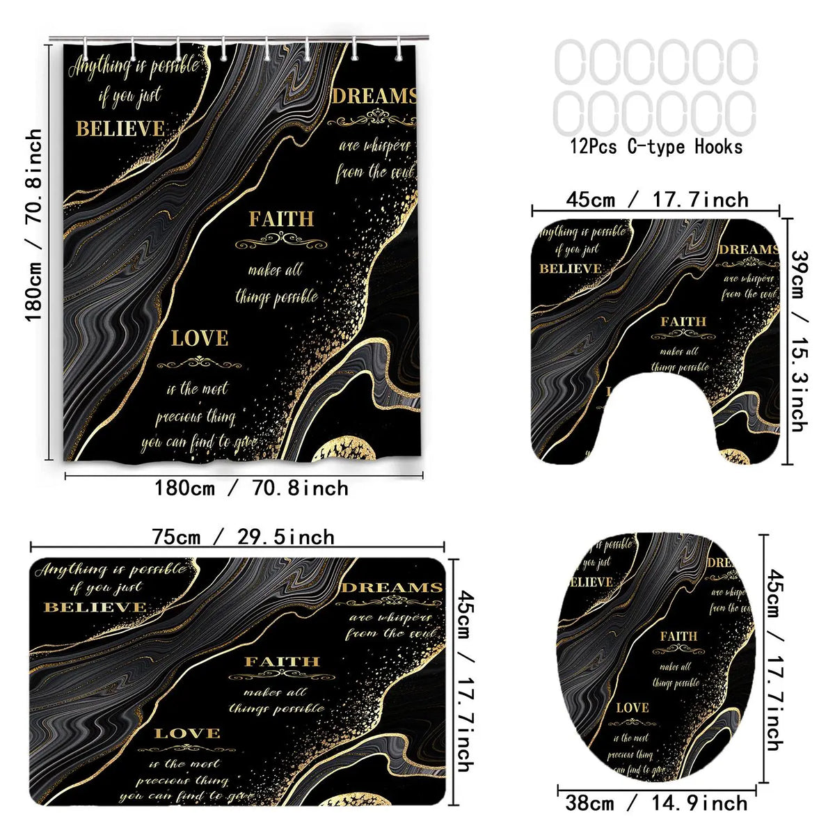 Letter and Black Marble Pattern Bathroom Set, 4 Counts/set Non-Slip Bath Mat, Toilet Lid Mat, U-Shaped Contour Rug and Waterproof Shower Curtain with Hooks, Home Bathroom Decor and Accessories