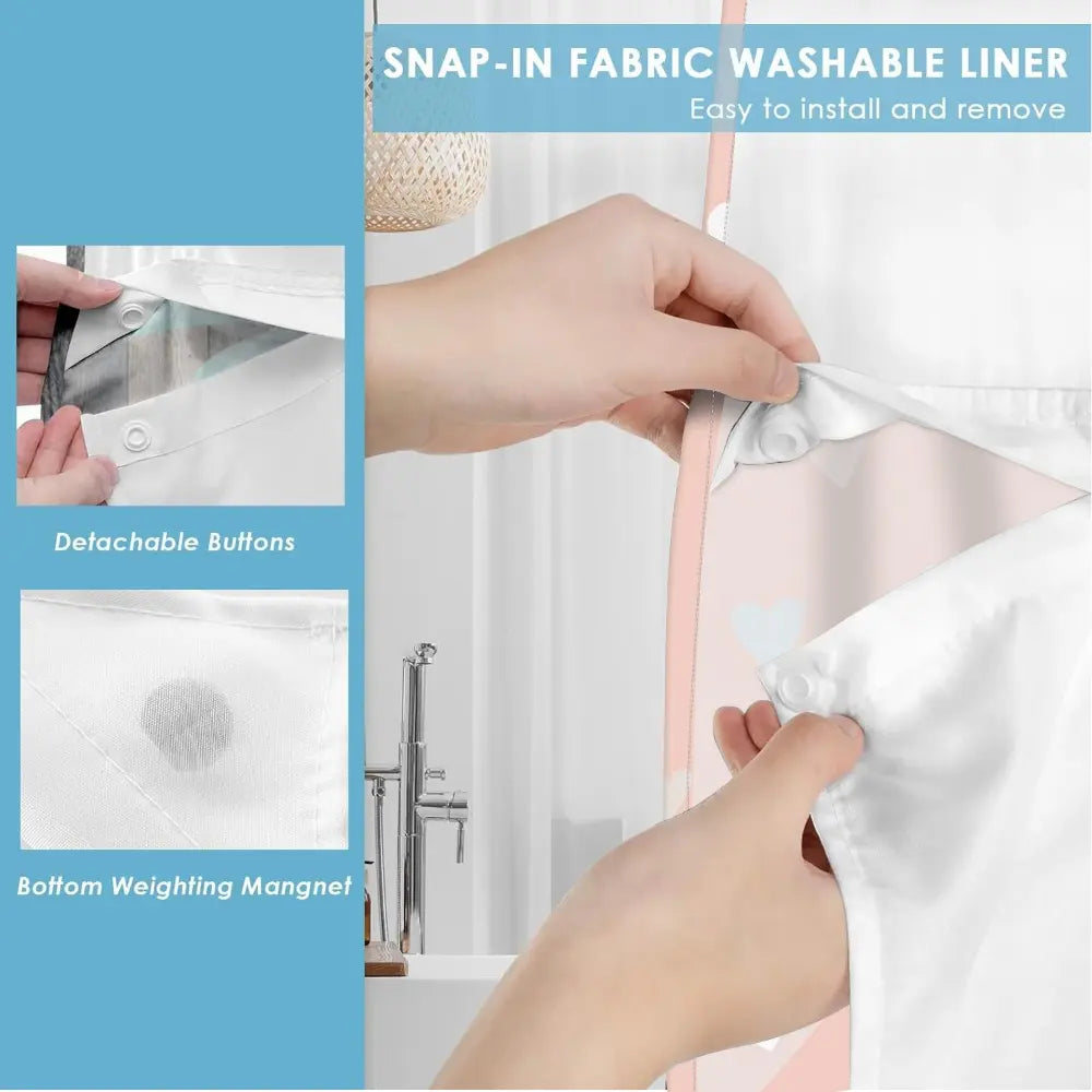 1pc hookless printed shower curtain with buckle lining, pink heart all-over design 2D flat printing, fabric waterproof lining, see-through double-layer shower curtain, 71 x 74 inches, Pretty shower curtain