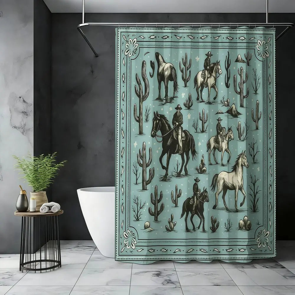 4pcs Western Cowboy Horse Cactus Shower Curtain Set, Decorative Shower Curtain, Boho Rodeo Bathroom Decor, Rustic Farmhouse Festival Style, Sage Green Southwestern Wild West Print