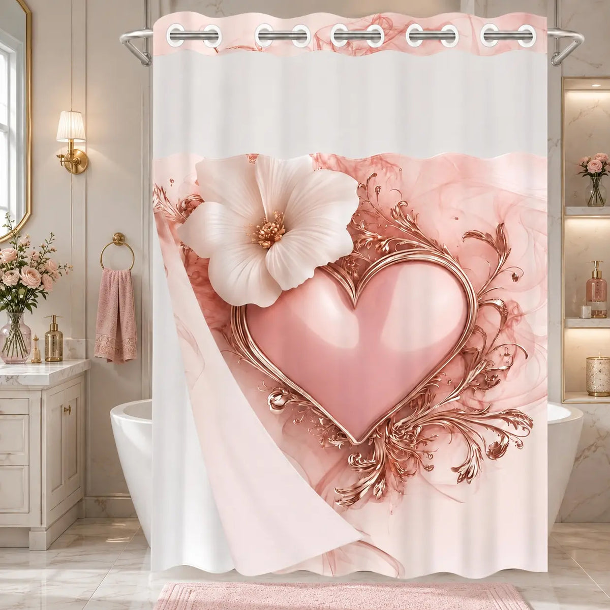 No Hooks Black Gold Heart Floral Shower Curtain with Snap-In Liner, Double-Layer Waterproof Fabric, Sheer Mesh Top, Removable White Liner, Floral Shower Curtains For Bathroom, Baroque Bathroom Decor, Bathroom Accessories, 72x75in