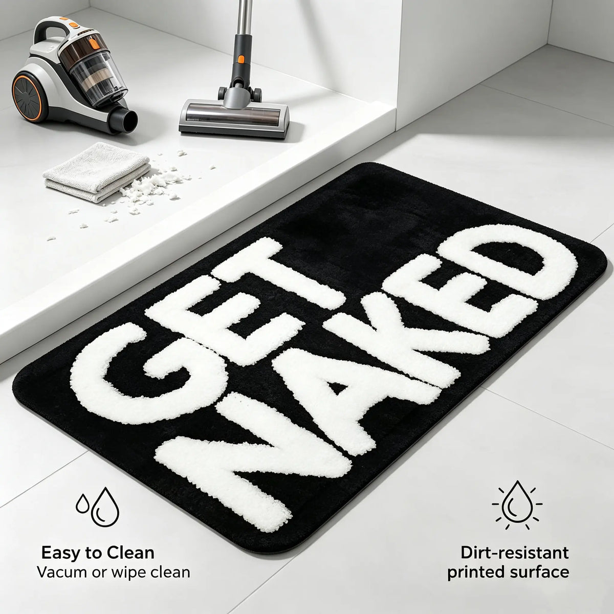 1pc Soft Flannel Bathroom Mat, Bold "GET NAKED" Black and White Print, Fast-Absorbing, Durable Indoor-Outdoor Mat for Bathroom, Doorway (Multi-Size)
