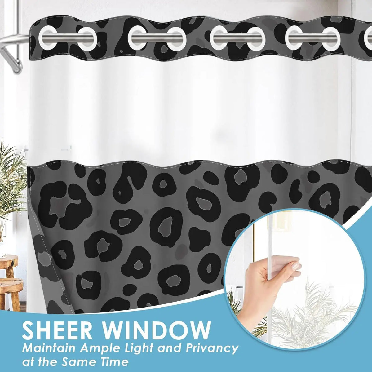 1Pc Hookless Double Layer Shower Curtain, No Hook Shower Curtain With Snap In Liner, Gray Black Leopard Allover Print, Water Repellent Washable Fabric, Removable Snap-in Liner, Top See-Through Window, For Apartment, Hotel, Guest Bath