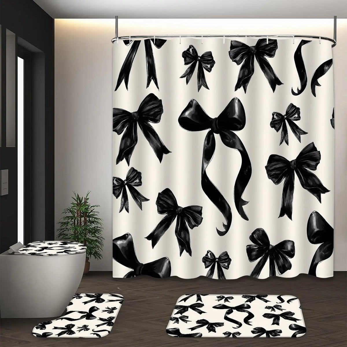 LVRLVR 4Pcs Black Bow Print Minimalist Cream Tone Decorative Set Bathroom Curtains Shower 70.8×70.8 Inch