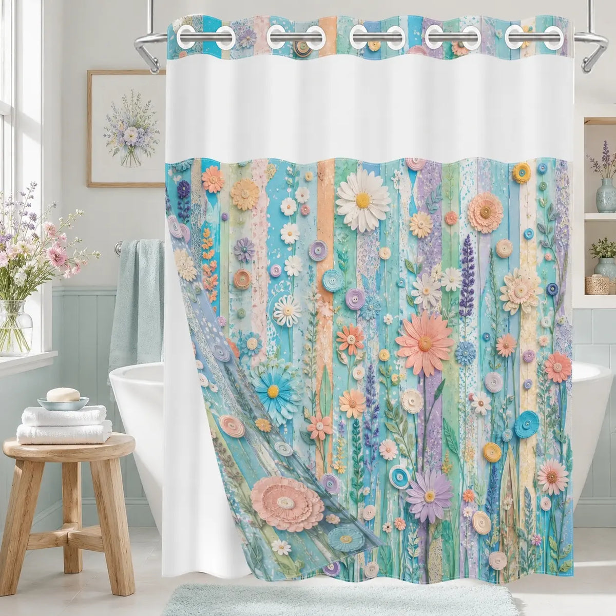 1PC/4PCS 2D Flat Printing Striped Floral Shower Curtain, Floral Shower Curtains For Bathroom, Printed Shower Curtain, home bathroom decor accessories, shower curtain set with 12 hooks, non-slip bathroom rug, U-shaped toilet seat cover
