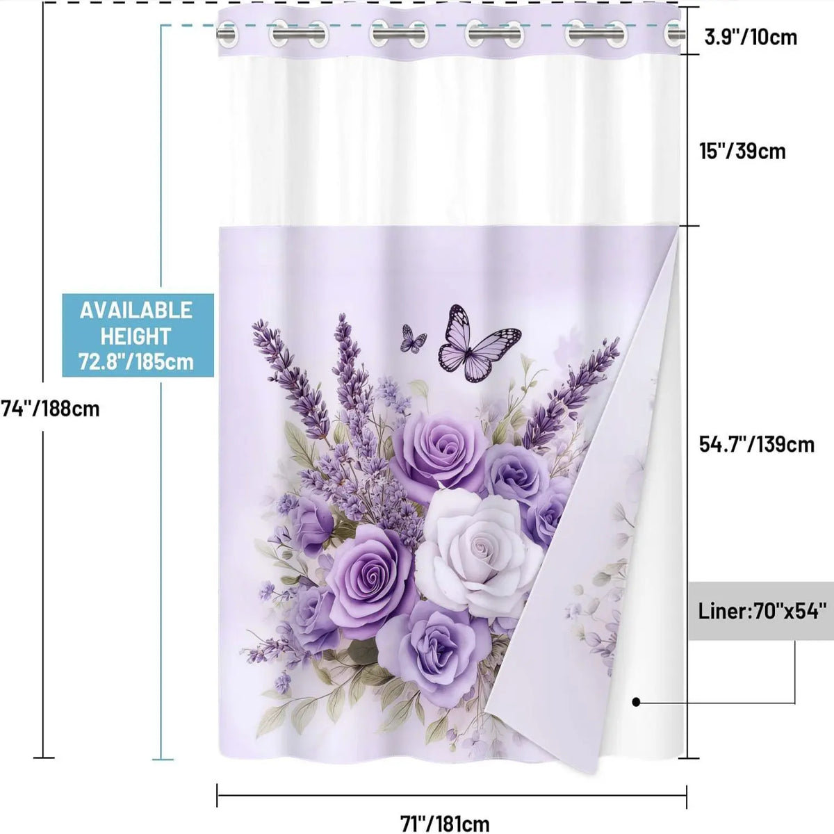 1 PC No Hook Double Layer Pretty Shower Curtain, Floral Shower Curtains For Bathroom, Lavender Rose & Butterfly Print Bath Curtain, Removable Snap-in Liner & Top See-Through Window, Waterproof Mildew Resistant, Machine Washable Durable Fabric