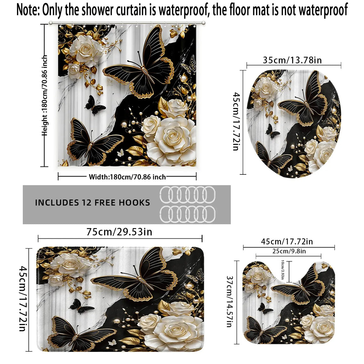 Bathroom Shower Curtain Set, Marble Butterfly Pattern, Luxury Theme Decor, Bath Mat Rug, Includes 12 Hooks, Home Decoration Gift, Restroom Bathroom Accessories