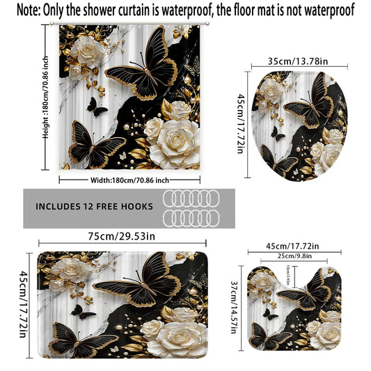 Bathroom Shower Curtain Set, Marble Butterfly Pattern, Luxury Theme Decor, Bath Mat Rug, Includes 12 Hooks, Home Decoration Gift, Restroom Bathroom Accessories