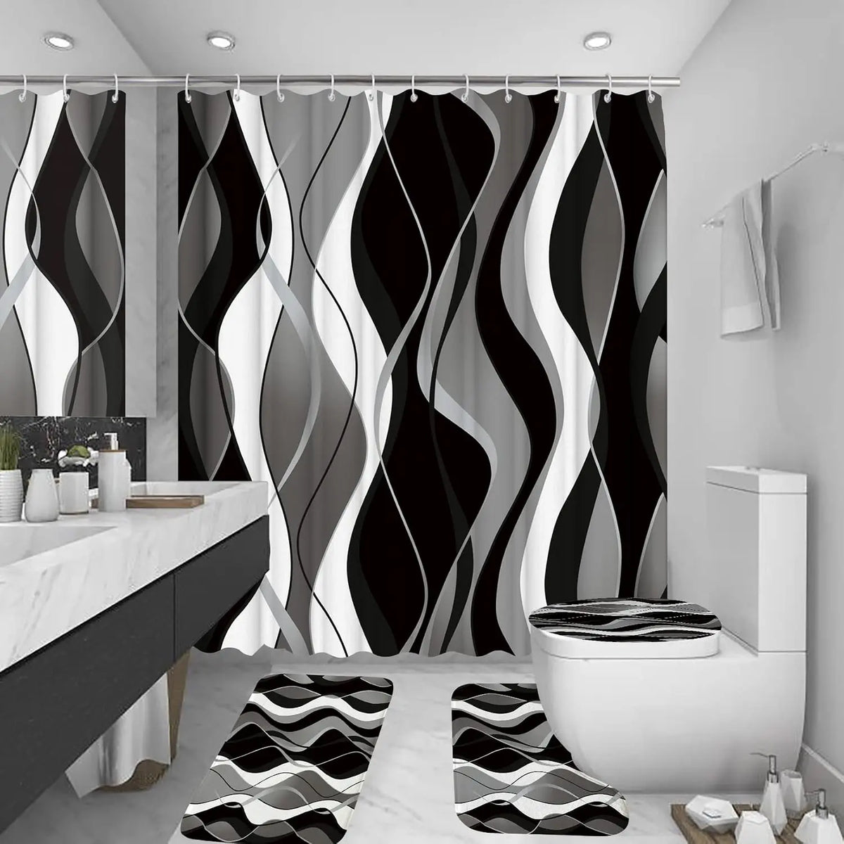 4Pcs Pink Shower Curtain Sets with Non-Slip Rugs, Toilet Lid Cover and Bath Mat, Black and Gray Bathroom Decor Set Accessories Fabric Waterproof Shower Curtains with 12 Hooks, 72 x 76 Inch