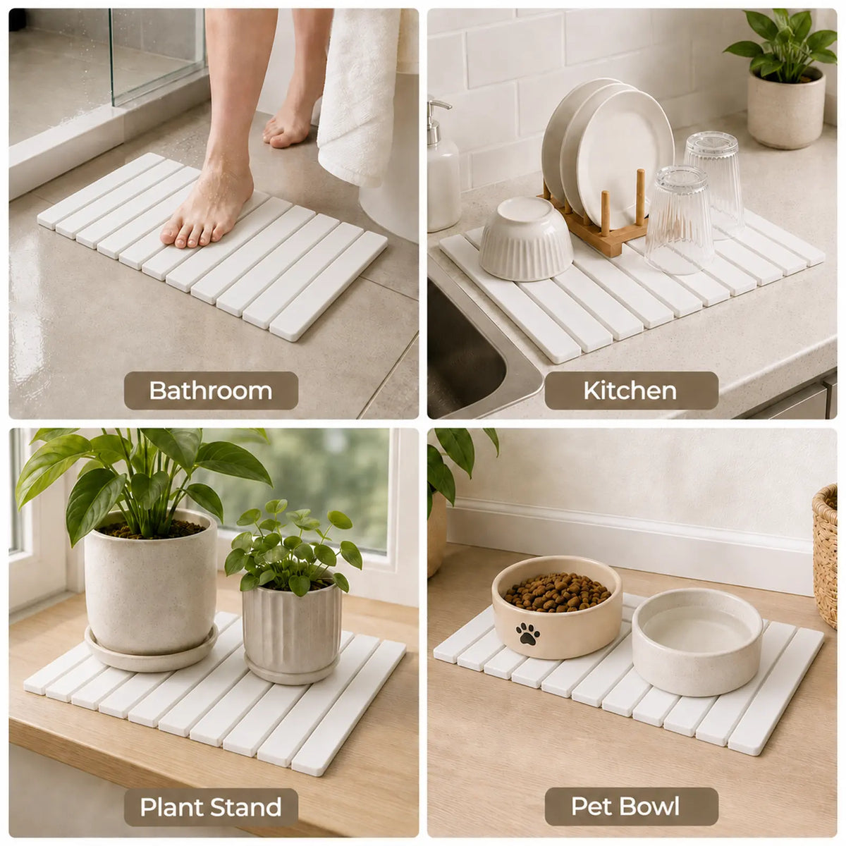 Large Slatted Minimalist Natural Stone Diatomaceous Earth Bath Mat - 24x16in Water Absorbent Quick-Dry Shower Rug, Heat Resistant, Durable, Eco-Friendly Bathroom Accessory, Box Packed, Sohochic