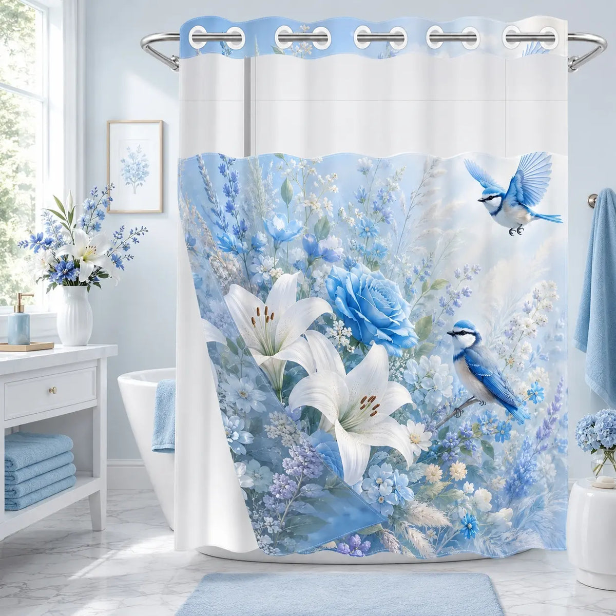 Blue Lily Rose Bird No Hook Shower Curtain Floral with Snap-In Liner, Double Layer Waterproof, Sheer Mesh Top, Removable White Liner, Machine Washable, Farmhouse Garden Decor, Hotel, Dorm & Home Bathroom Accessory, 72 x 74 Inches