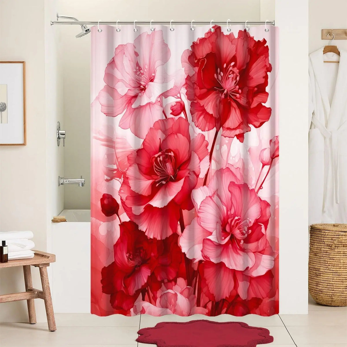 Pink Shower Curtain for Bathroom Rose Pink Floral Shower Curtain Set with Hooks Abstract Purple Pink Flowers Bathtub Decor Waterproof Fabric Curtains 72x72inches