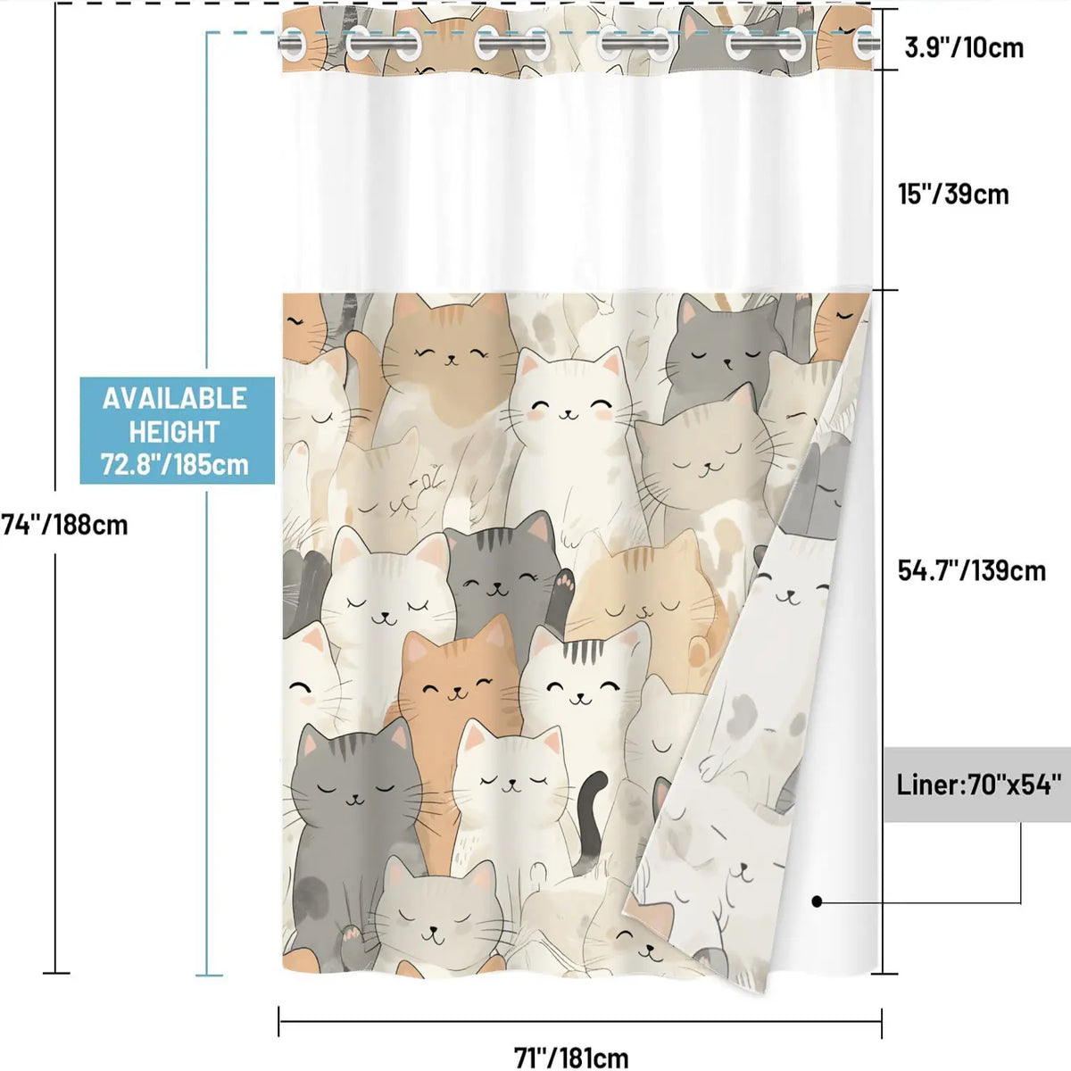 1pc hookless bathroom shower curtain no hooks with buckle lining, multi-colored densely arranged cat design, 2D flat printing, waterproof fabric lining, see-through double-layer shower curtain and liner, 71 x 74 inches, modern home draping curtain