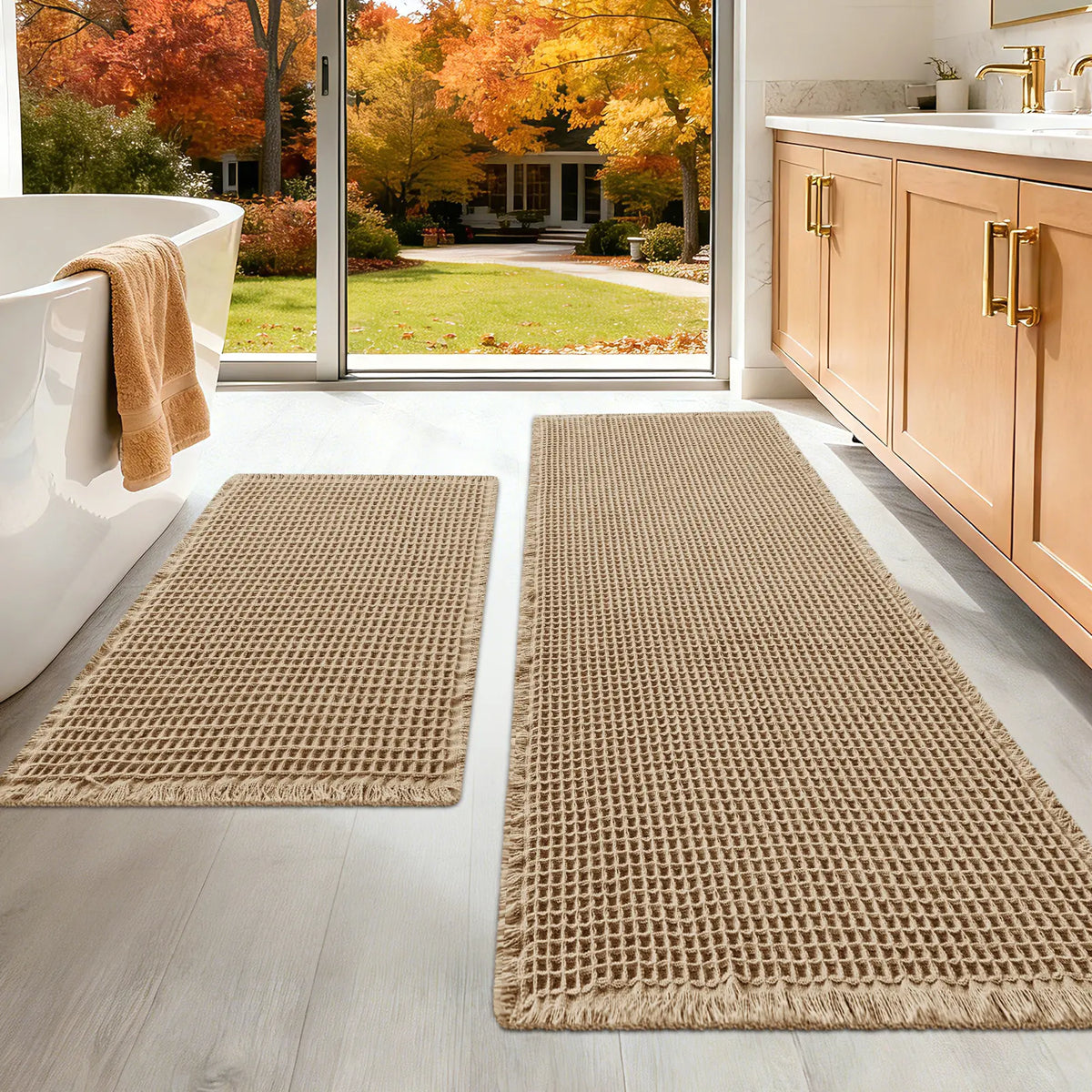 IM HOME Waffle Bath Mat 2 Piece/3 Piece Set, Boho Woven Modern Bath Mat Rugs, Absorbent Bathroom Rugs, Soft Washable Bath Rugs with Tassels for Bathroom, Bedroom, Kitchen, Shower, Tub,Halloween