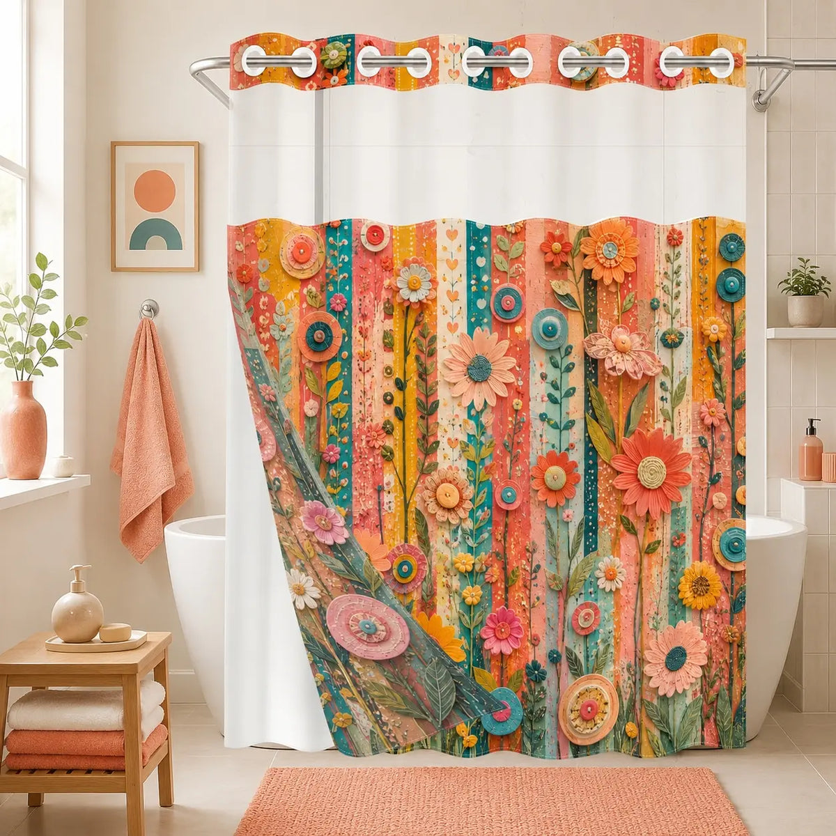 1PC/4PCS 2D Flat Printing Striped Floral Shower Curtain, Floral Shower Curtains For Bathroom, Printed Shower Curtain, home bathroom decor accessories, shower curtain set with 12 hooks, non-slip bathroom rug, U-shaped toilet seat cover