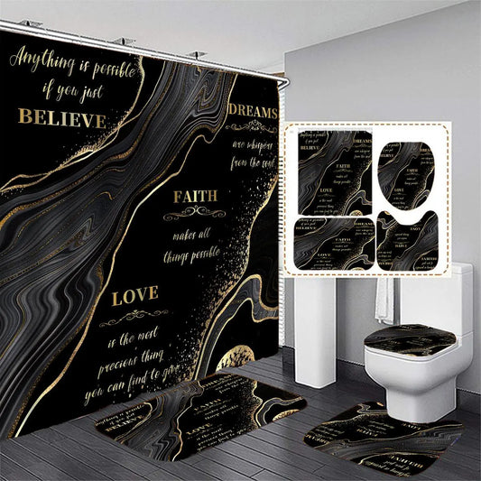 Letter and Black Marble Pattern Bathroom Set, 4 Counts/set Non-Slip Bath Mat, Toilet Lid Mat, U-Shaped Contour Rug and Waterproof Shower Curtain with Hooks, Home Bathroom Decor and Accessories