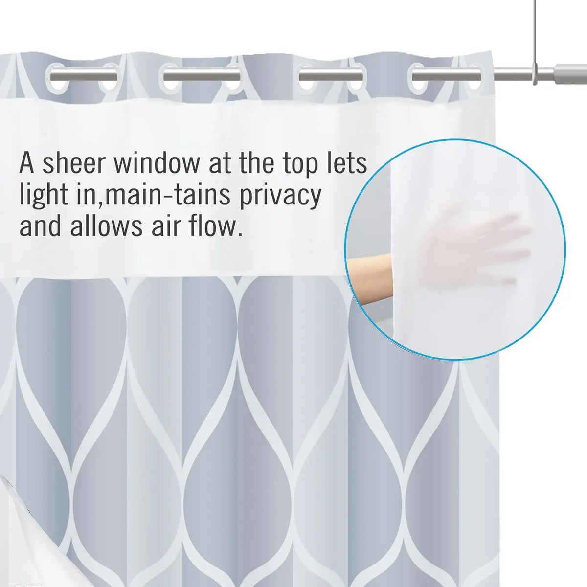 LVRLVR 1pc Grey Blue Geometric Printed Shower Curtain, Modern Ogee Print, Sheer Top Window, Detachable Liner & No Hook C-Ring, 70.8" x 74"