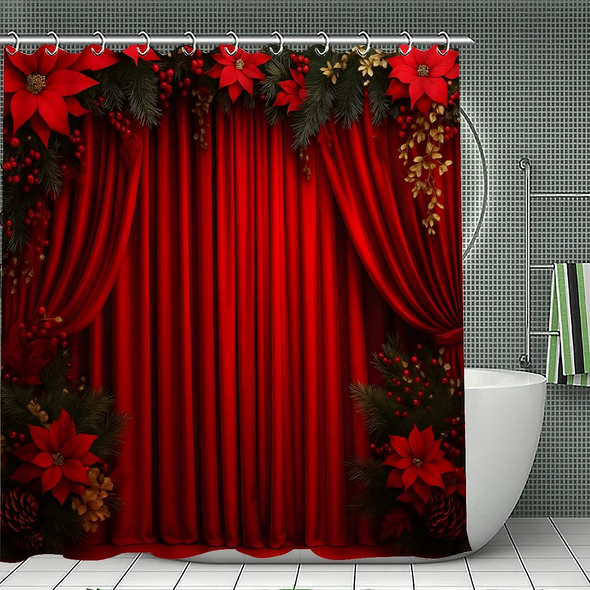 72x72 Inch Waterproof Christmas Bathroom Printed Shower Curtain Set, Durable Polyester Fiber, Easy Install Hooks Included, Perfect Holiday Gift, Bathroom Curtains Shower Set