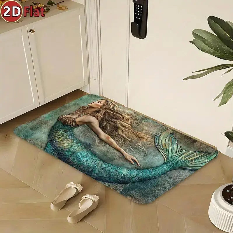 1pc Teal Green Rectangular Tropical Mermaid Print Diatomaceous Earth Bath Mat - Non-Slip, Quick-Dry, Absorbent, Ocean Themed Bathroom Decor, Ideal Gift for Mermaid Lovers